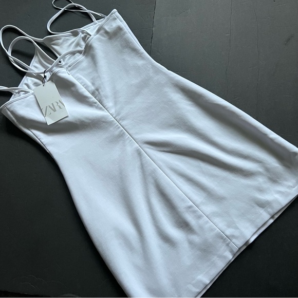 Zara White Elastic Trim Mini Dress Size M Spaghetti Strap New - Picture 13 of 16